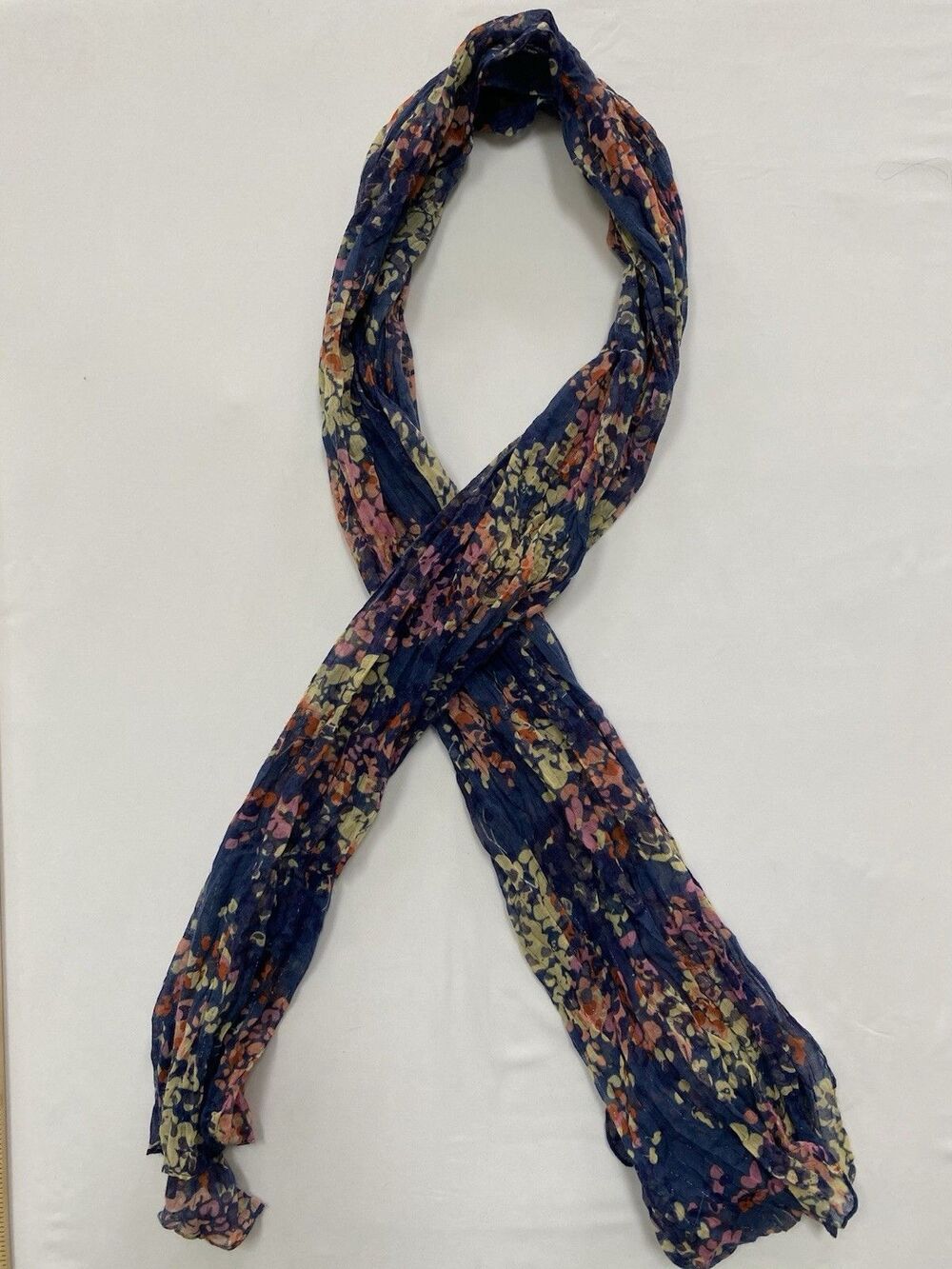 H&M Floral Crinkle Scarf | Navy Pink Yellow Lightweight Sparkle Lurex Long
